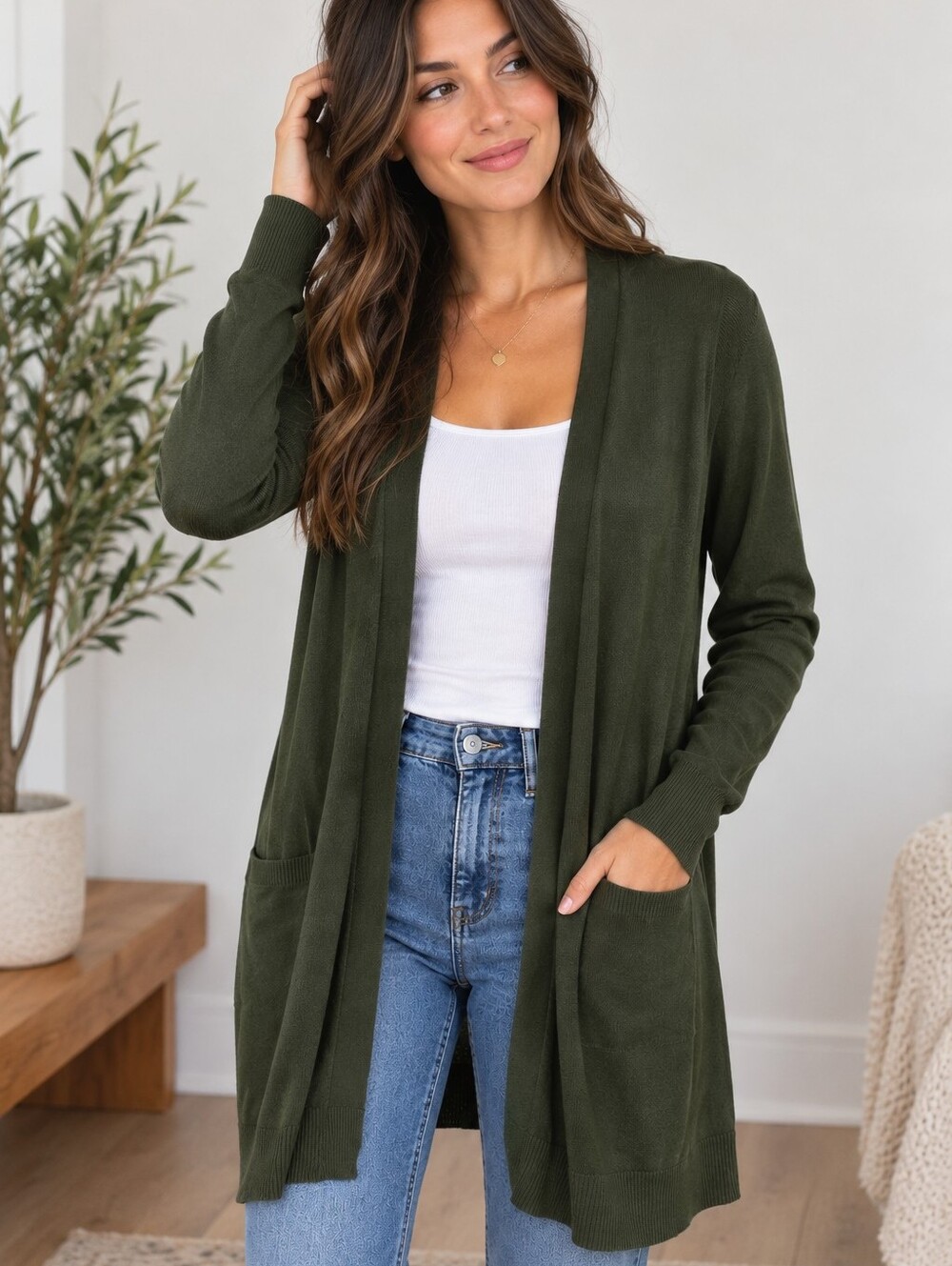 Contemporaine Simons Women’s Small Olive Green Longline Open Cardigan